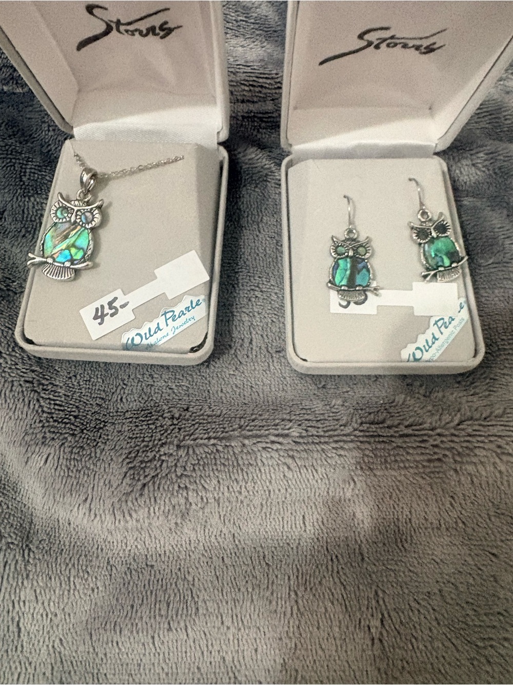 Green Abalone Owl Necklace and Earrings Set
